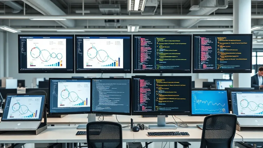 Professional workspace with multiple monitors showing data f